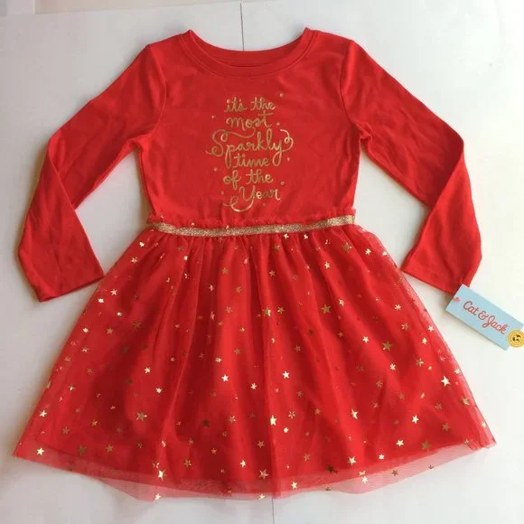 Cat & Jack | Dresses | New Red Christmas Dress Girls Xs 4 Sparkly Holiday  Gold Star Skirt | Poshmark